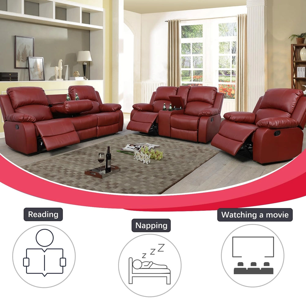 Ainehome Cinema 3-Piece Red Faux Leather Manual Reclining Sofa Set
