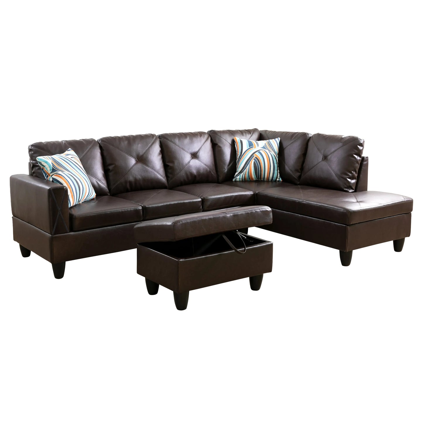 97" Wide Brown Faux Leather L-Shaped Living Room Sectional Sofa Set — image 6