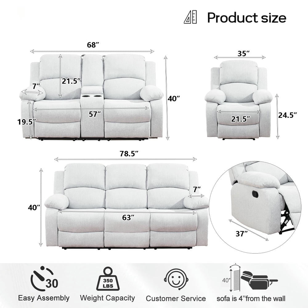 Ainehome Cinema 3-Piece Grey Fabric Manual Reclining Sofa Set