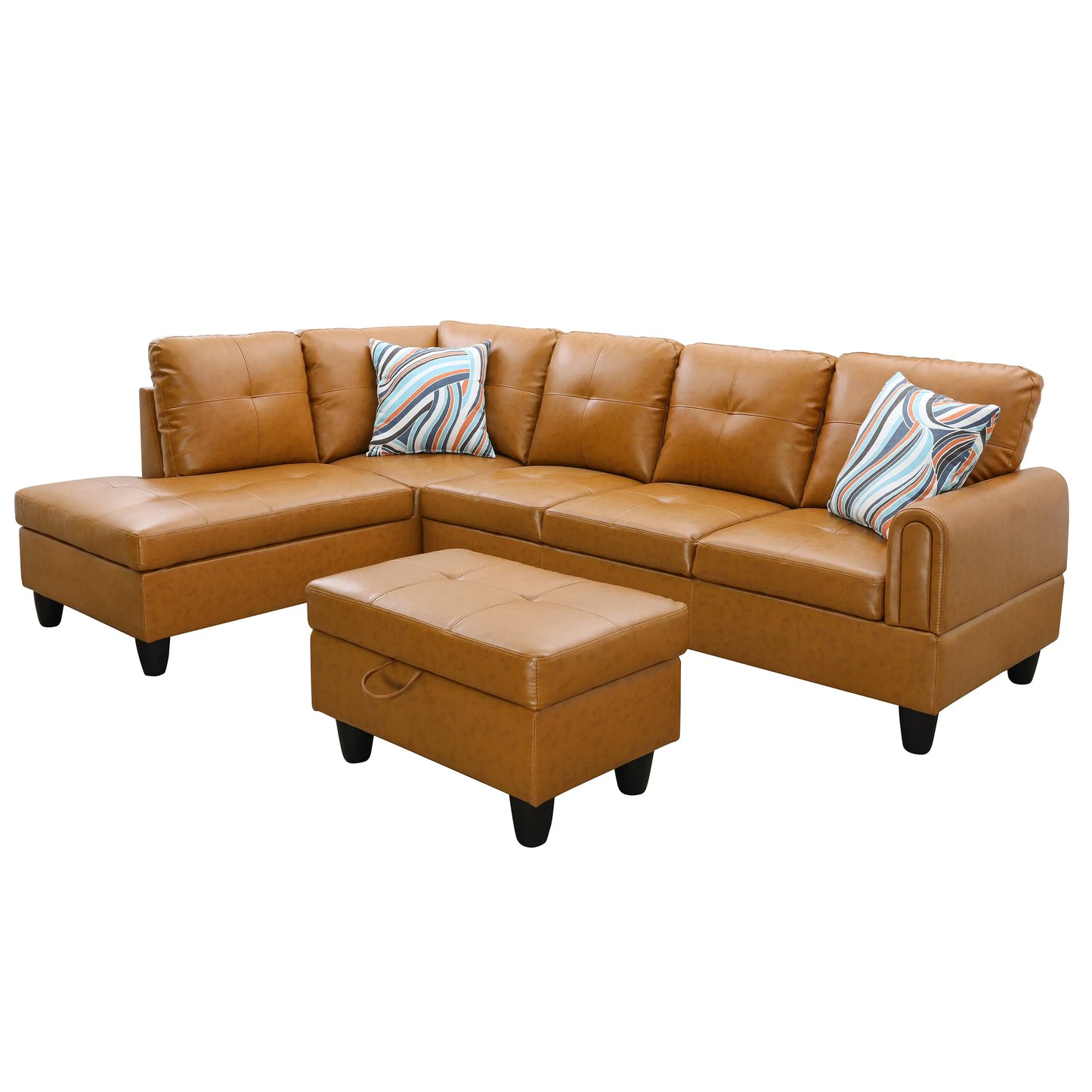 Ainehome 97" Wide Ginger Faux Leather L-Shaped Living Room Sectional Sofa Set