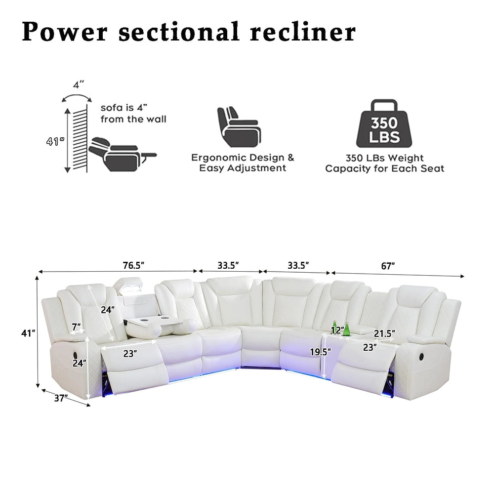 Ainehome Off-White 3-Piece Intelligent Power Reclining Leather Sectional Sofa Set with Smart Features