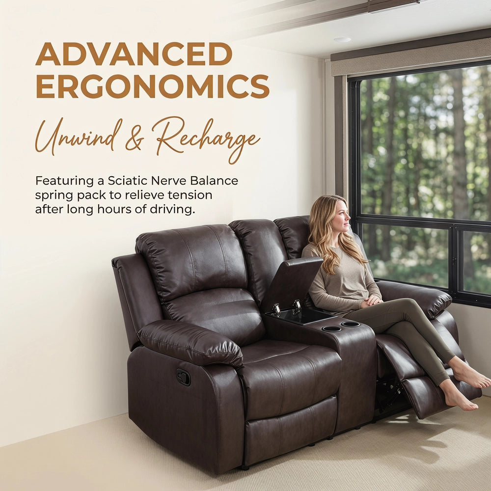 Ainehome 68" Manual RV Loveseat Recliner with Storage Console - Breathable Synthetic Leather Motorhome Sofa Replacement - 67" Full Extension & 26" Door Friendly - Walnut Brown