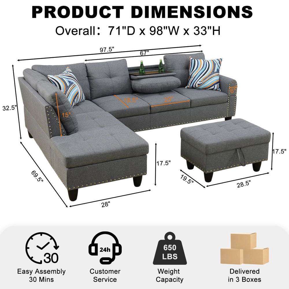 Ainehome 97.5" Wide Grey Linen L-Shaped Living Room Sectional Sofa Set