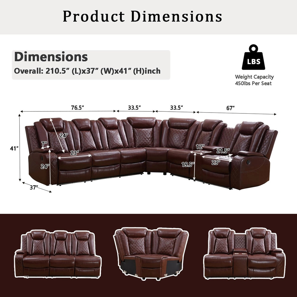 Ainehome Red 3-Piece Intelligent Power Reclining Leather Sectional Sofa Set with Smart Features