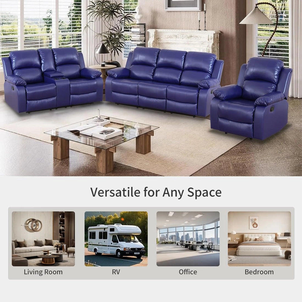 Ainehome Cinema 3-Piece Dark Blue Fabric Manual Reclining Sofa Set