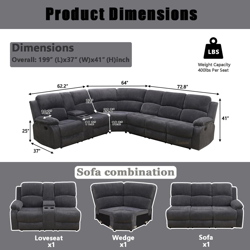 Ainehome Grandview 5-Seat Reclining Sectional Sofa in Dark Grey Corduroy