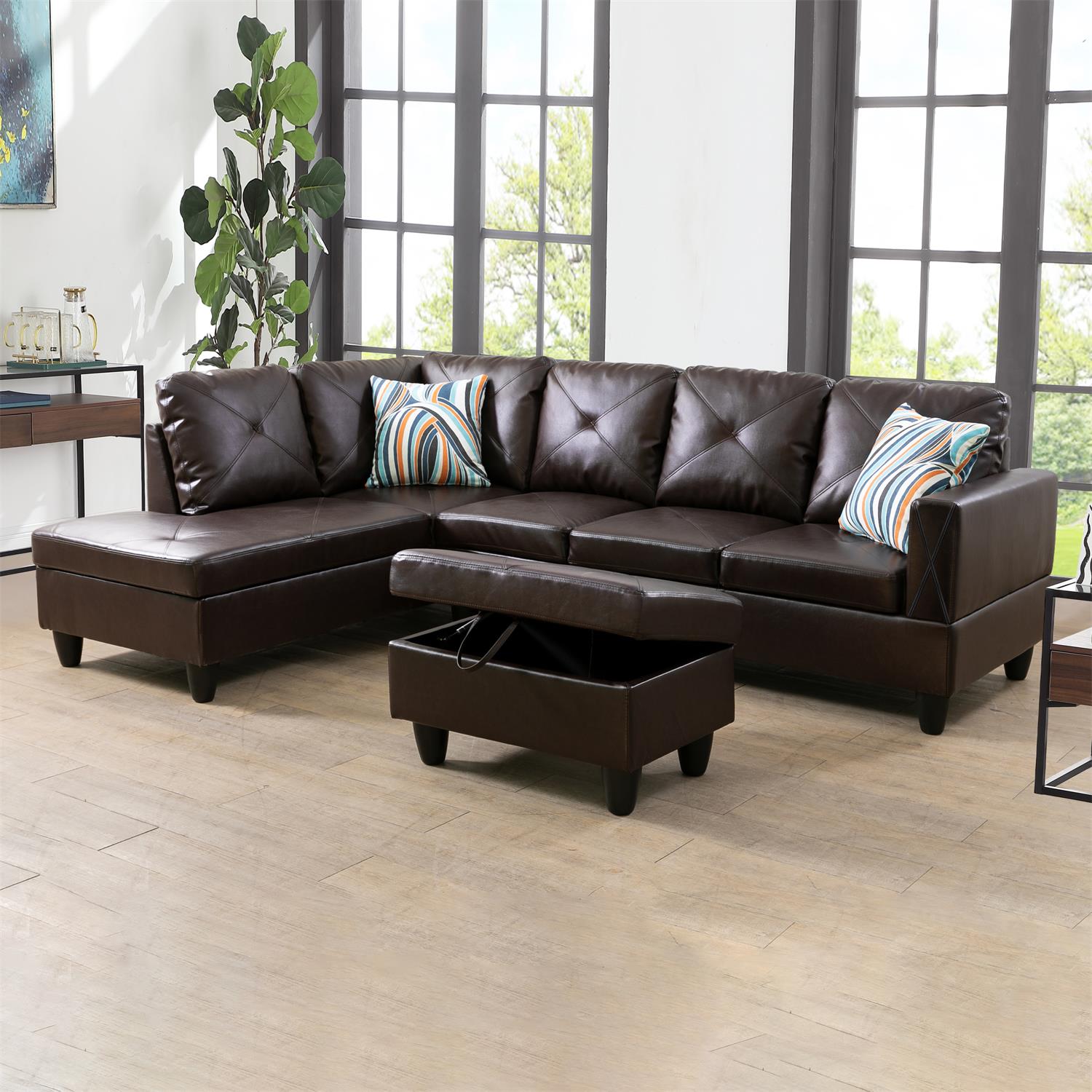 97" Wide Brown Faux Leather L-Shaped Living Room Sectional Sofa Set — image 1