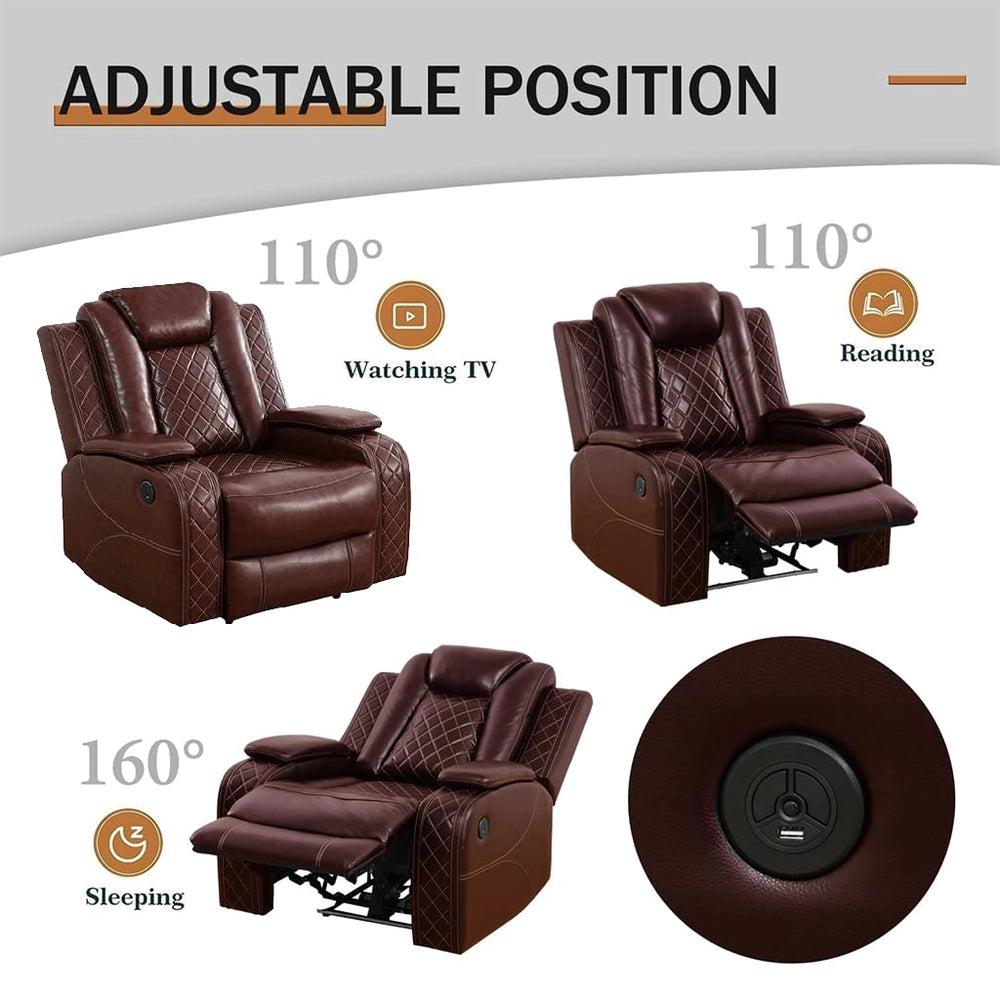 Ainehome Burgundy Leather 3-Piece Power Reclining Sofa Set with Diamond Stitching & Smart Features