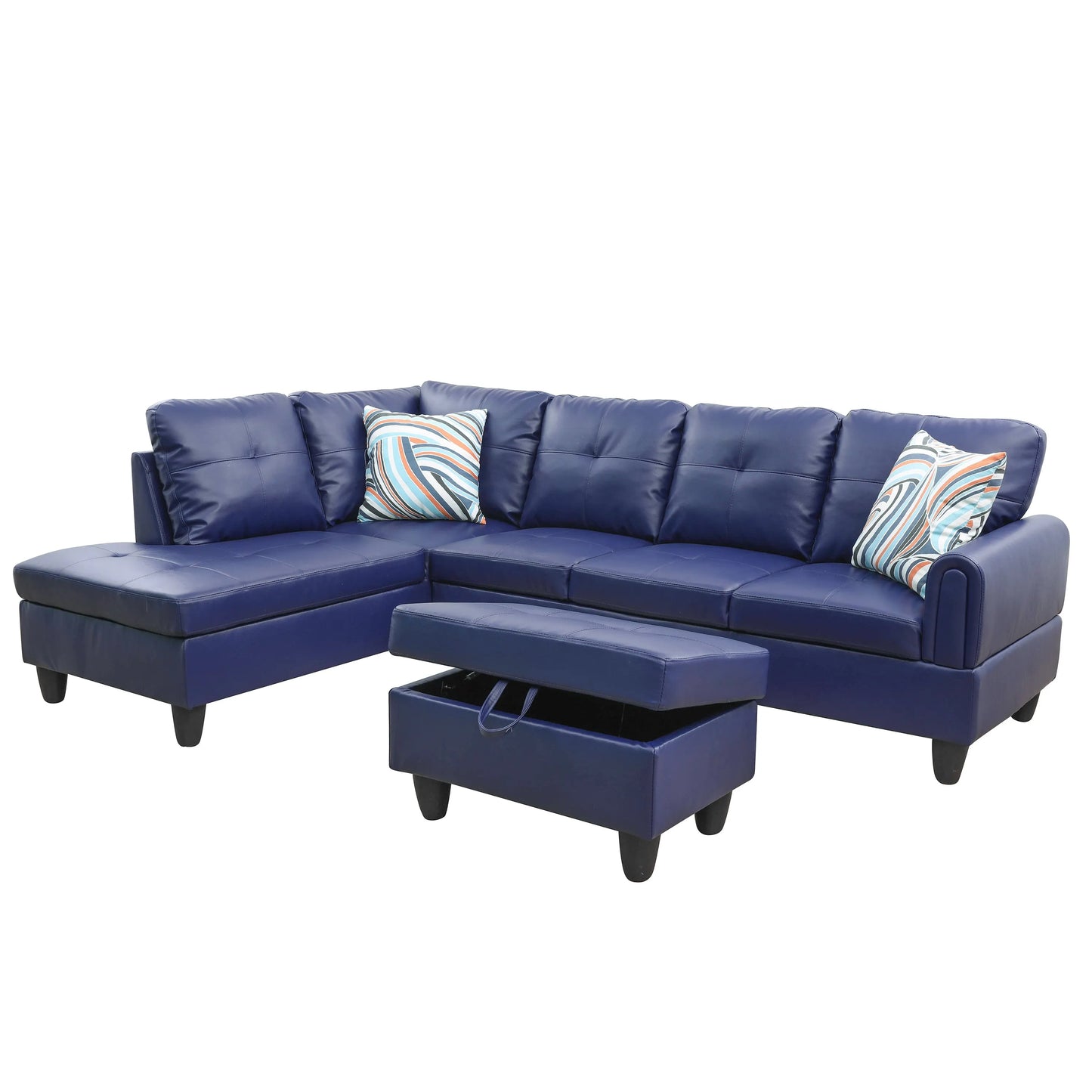 Ainehome 97" Wide Blue Faux Leather L-Shaped Living Room Sectional Sofa Set