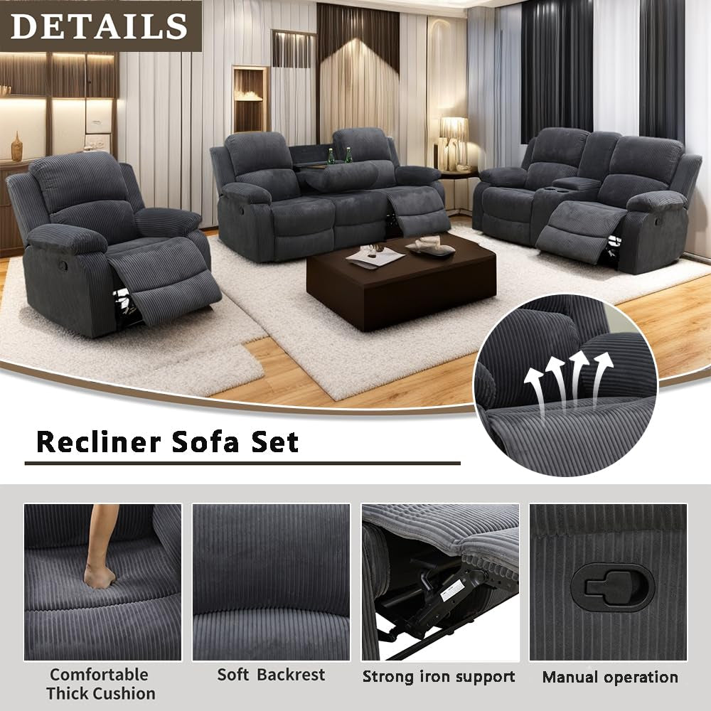 Ainehome Cinema 3-Piece Textured Dark Grey Corduroy Reclining Sofa Set
