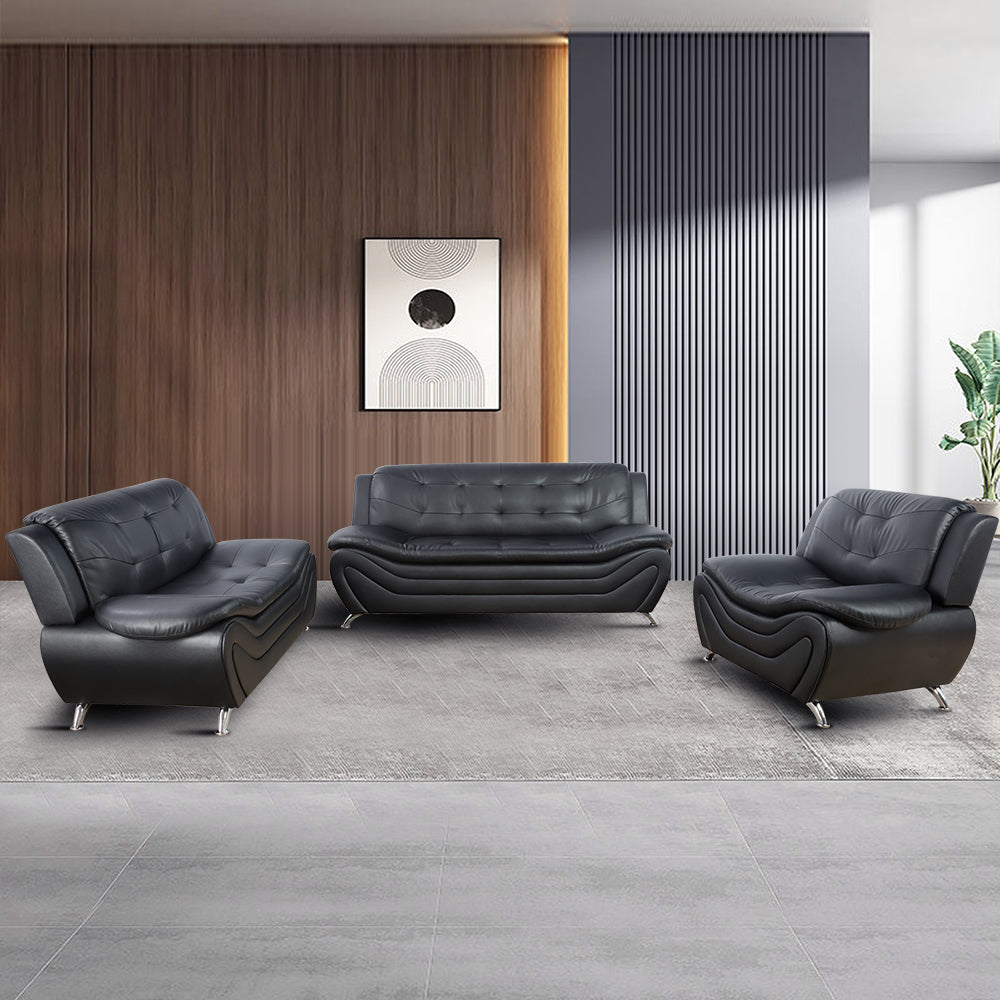 Ainehome Black Faux Leather 3-Piece Living Room Sofa Set with Elegant Design