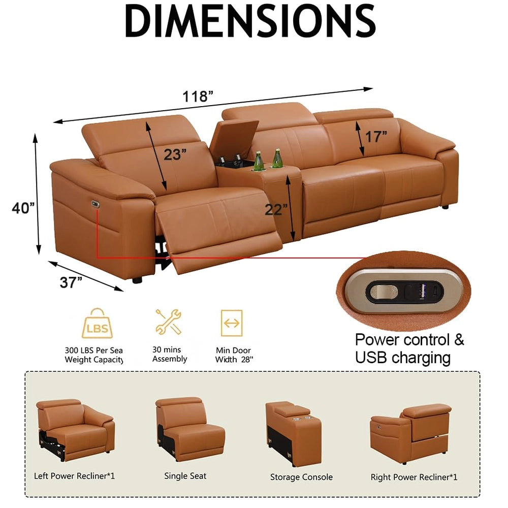 Ainehome Light Brown Leather 5-Seater Modular Power Reclining Sectional Sofa Set with Smart Storage & USB