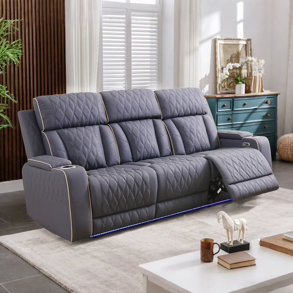 Blue Gray Sanded Leather 5-Seater Power Reclining Sofa Set with Smart Features