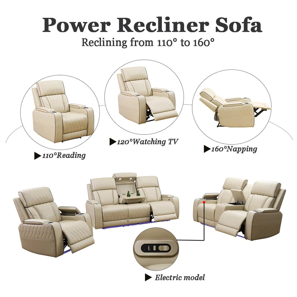 Ainehome Beige Leather Power Reclining Sectional Sofa with Smart Coffee Table & Reading Lamp