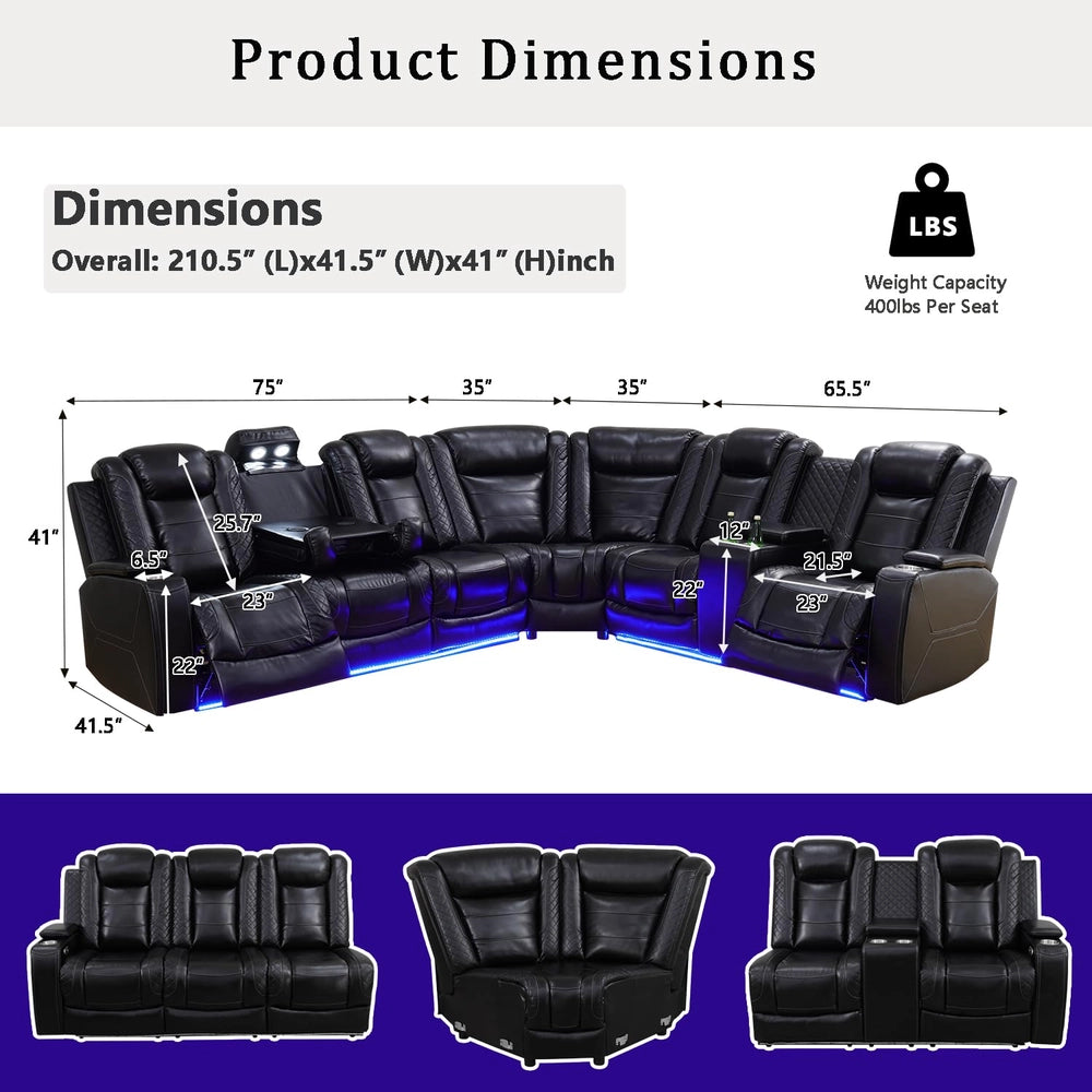 Ainehome Black Leather Power Reclining Sectional Sofa with Storage & Wireless Charging