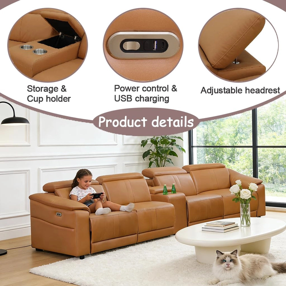 Ainehome Light Brown Leather 5-Seater Modular Power Reclining Sectional Sofa Set with Smart Storage & USB