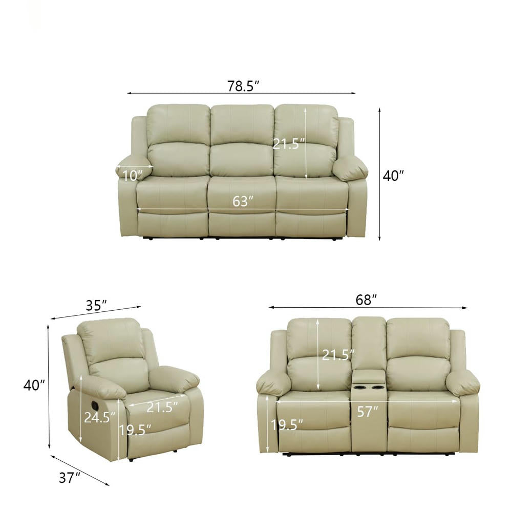 Ainehome Cinema 3-Piece Beige Faux Leather Manual Reclining Sofa Set