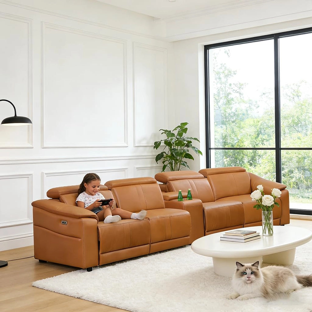 Ainehome Light Brown Leather 5-Seater Modular Power Reclining Sectional Sofa Set with Smart Storage & USB