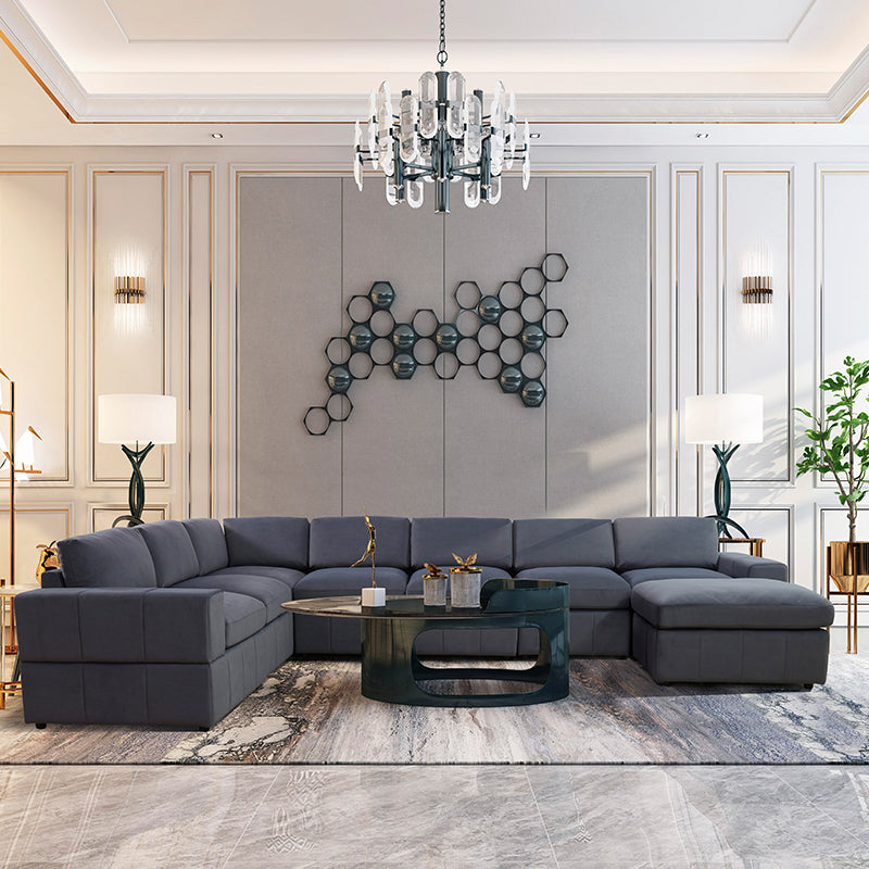Navy Blue Corduroy 6-Seater Sectional Sofa Set