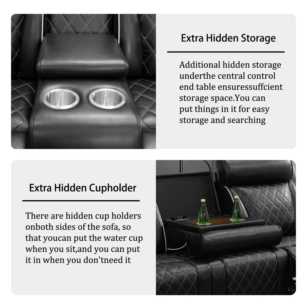Ainehome Black Leather 5-Seater Power Reclining Sofa Set with Reading Lights & Hidden Storage