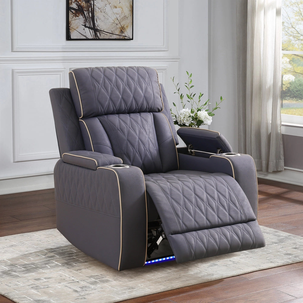 Blue Gray Sanded Leather 5-Seater Power Reclining Sofa Set with Smart Features