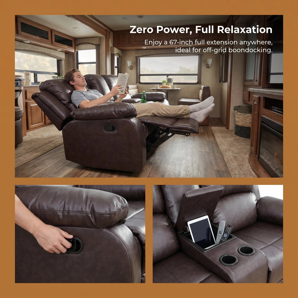 Ainehome 68" Manual RV Loveseat Recliner with Storage Console - Breathable Synthetic Leather Motorhome Sofa Replacement - 67" Full Extension & 26" Door Friendly - Walnut Brown