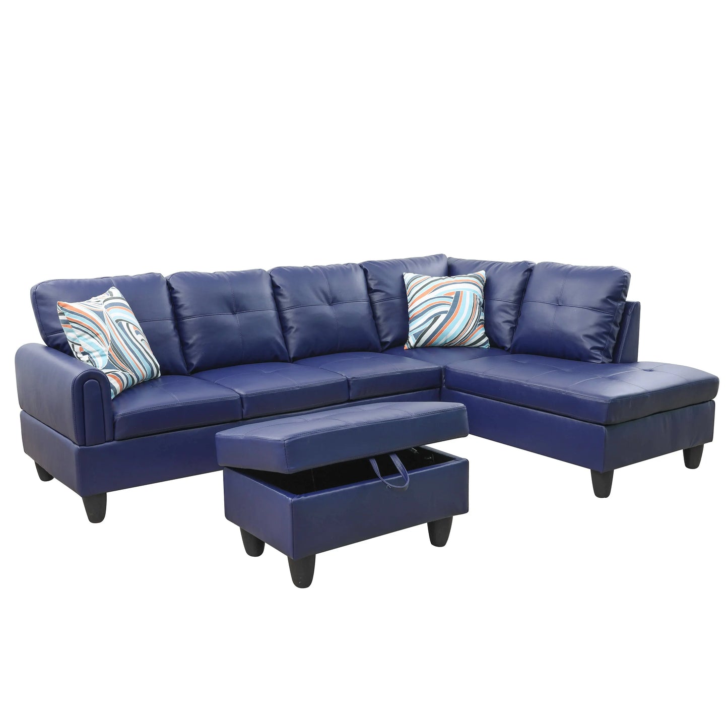 Ainehome 97" Wide Blue Faux Leather L-Shaped Living Room Sectional Sofa Set