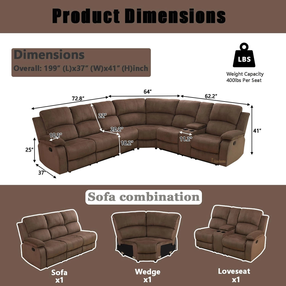 Ainehome Grandview 5-Seat Reclining Sectional Sofa in Plush Brown Microfiber