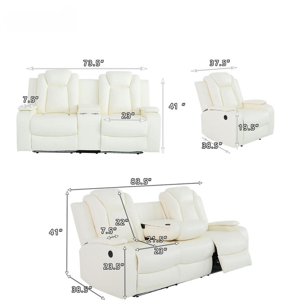 Ainehome White Leather Power Reclining Sofa Set with Smart Consoles & 170° Recline