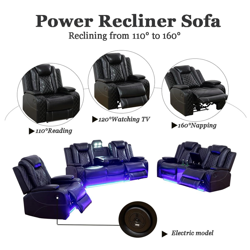 Ainehome Black Leather Power Reclining Sofa Set with Smart Console & LED Lighting