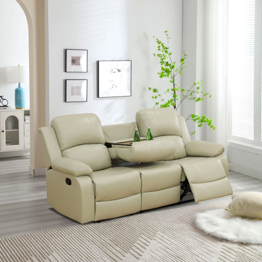 Cinema 3-Piece Beige Faux Leather Manual Reclining Sofa Set
