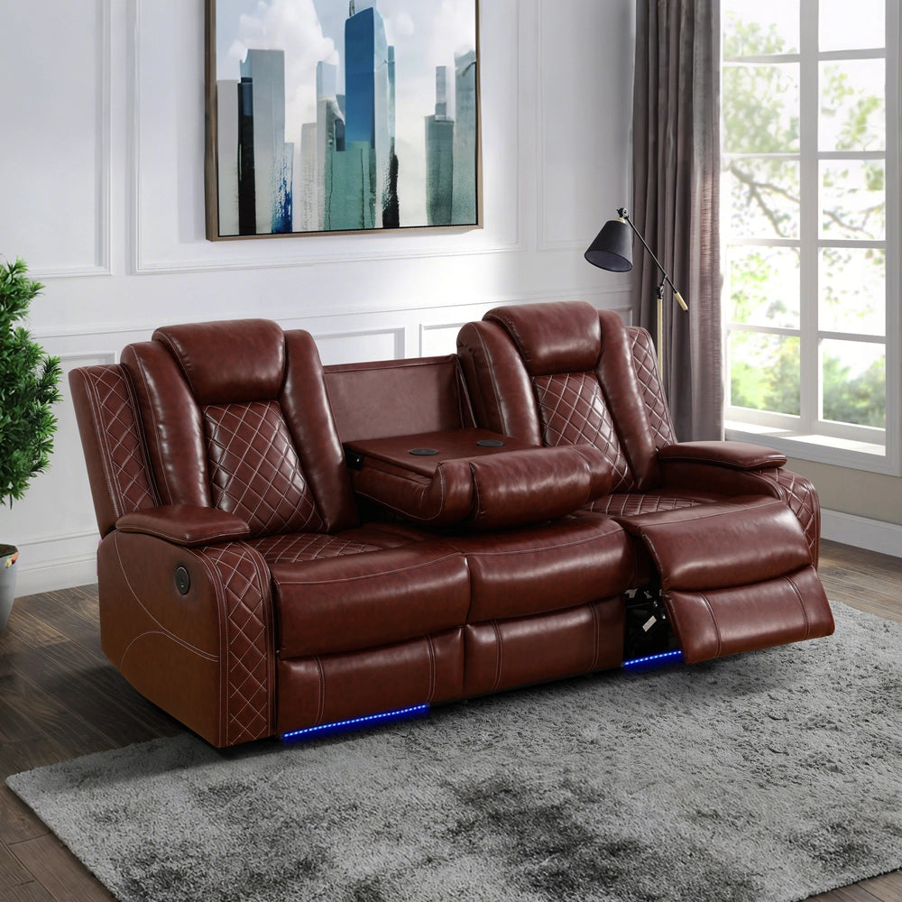 Burgundy Leather 3-Piece Power Reclining Sofa Set with Diamond Stitching & Smart Features