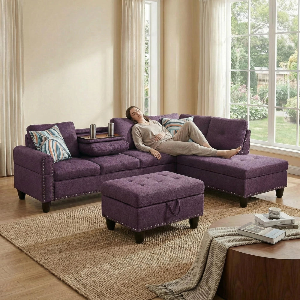 Ainehome 97.5" Wide Amaranth Linen L-Shaped Living Room Sectional Sofa Set