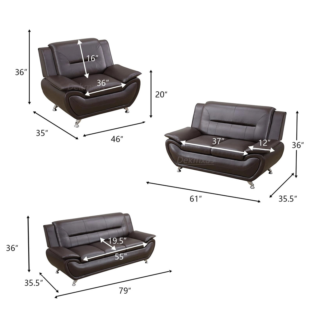Ainehome Solid Color Faux Leather 3-Piece Living Room Sofa Set with Elegant Design