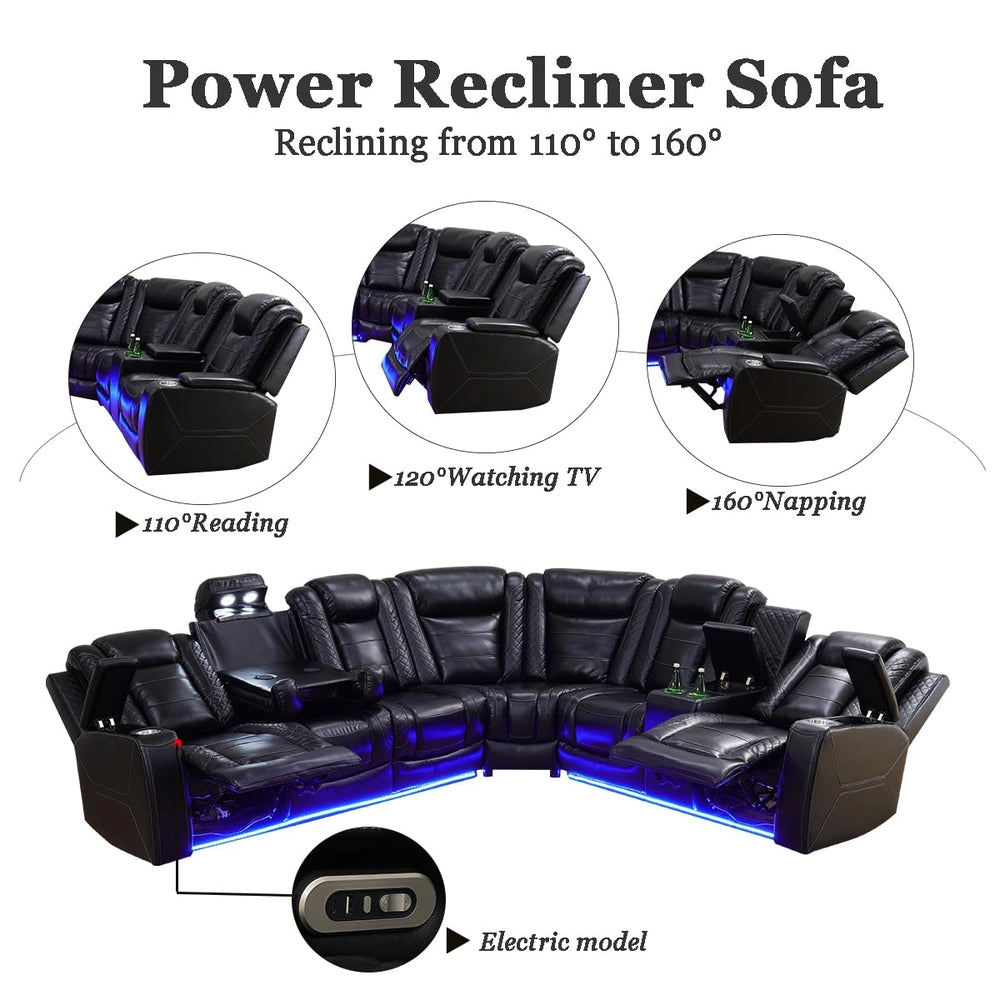 Ainehome Black Leather Power Reclining Sectional Sofa with Storage & Wireless Charging