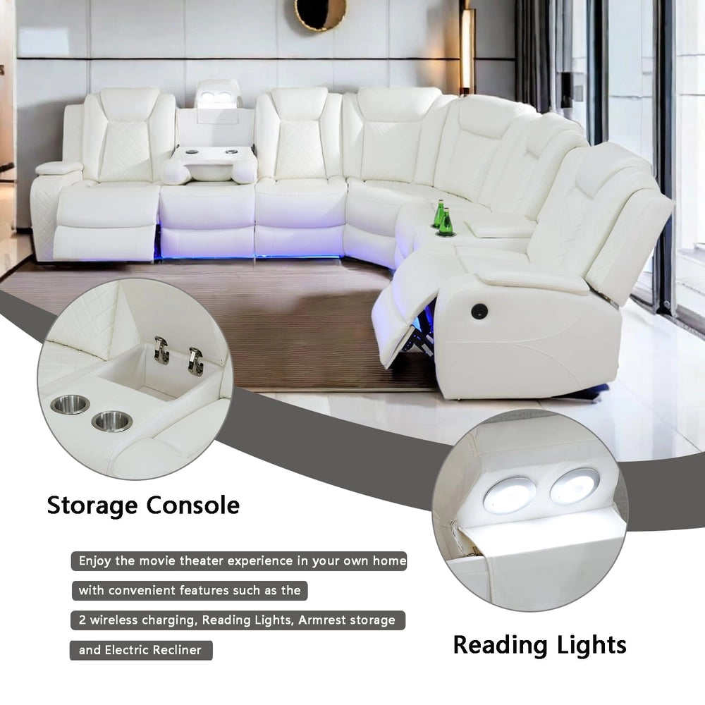 Ainehome Off-White 3-Piece Intelligent Power Reclining Leather Sectional Sofa Set with Smart Features