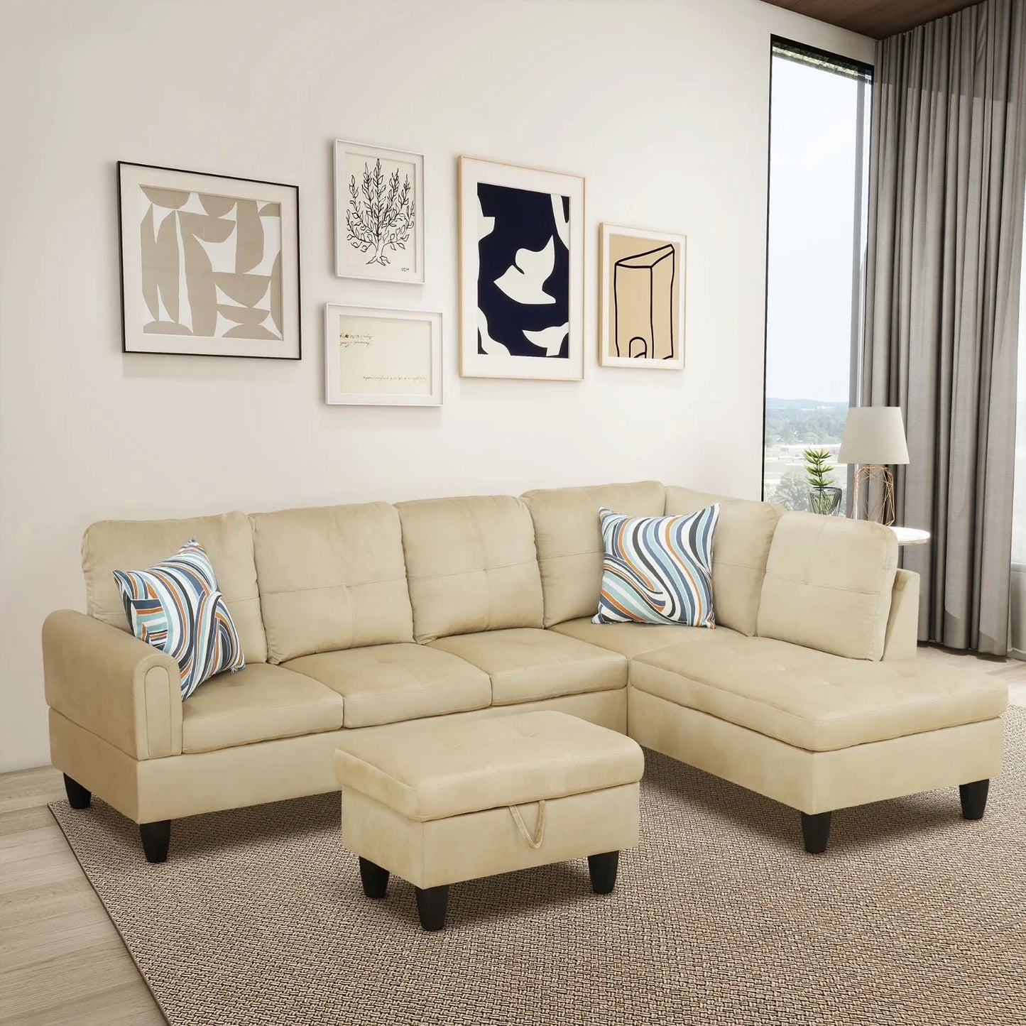 97" Wide Beige Flannel Living Room Sofa Set - Modern Comfort & Style for Your Home