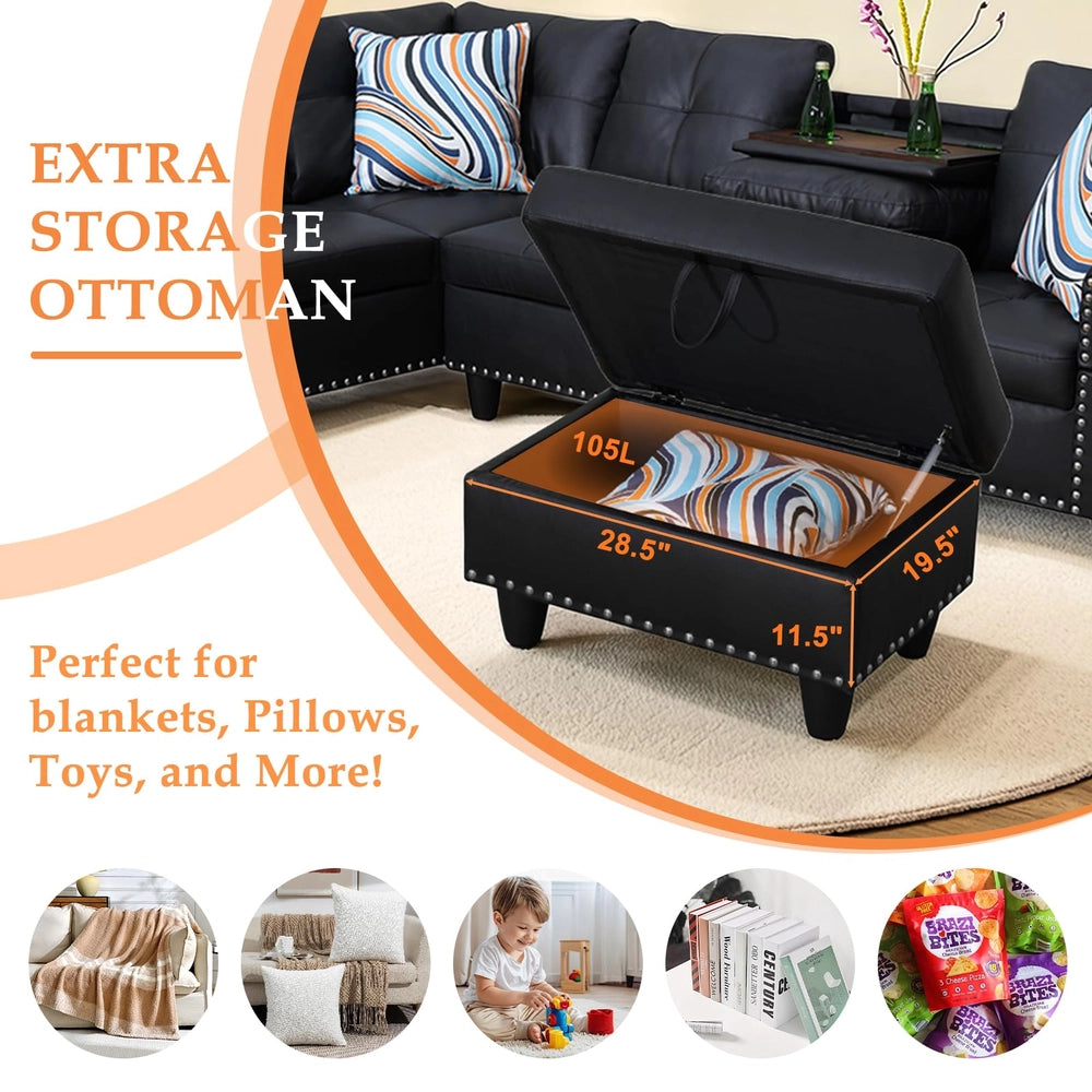 Ainehome 97.5" Wide Black Synthetic Leather L-Shaped Living Room Sectional Sofa Set