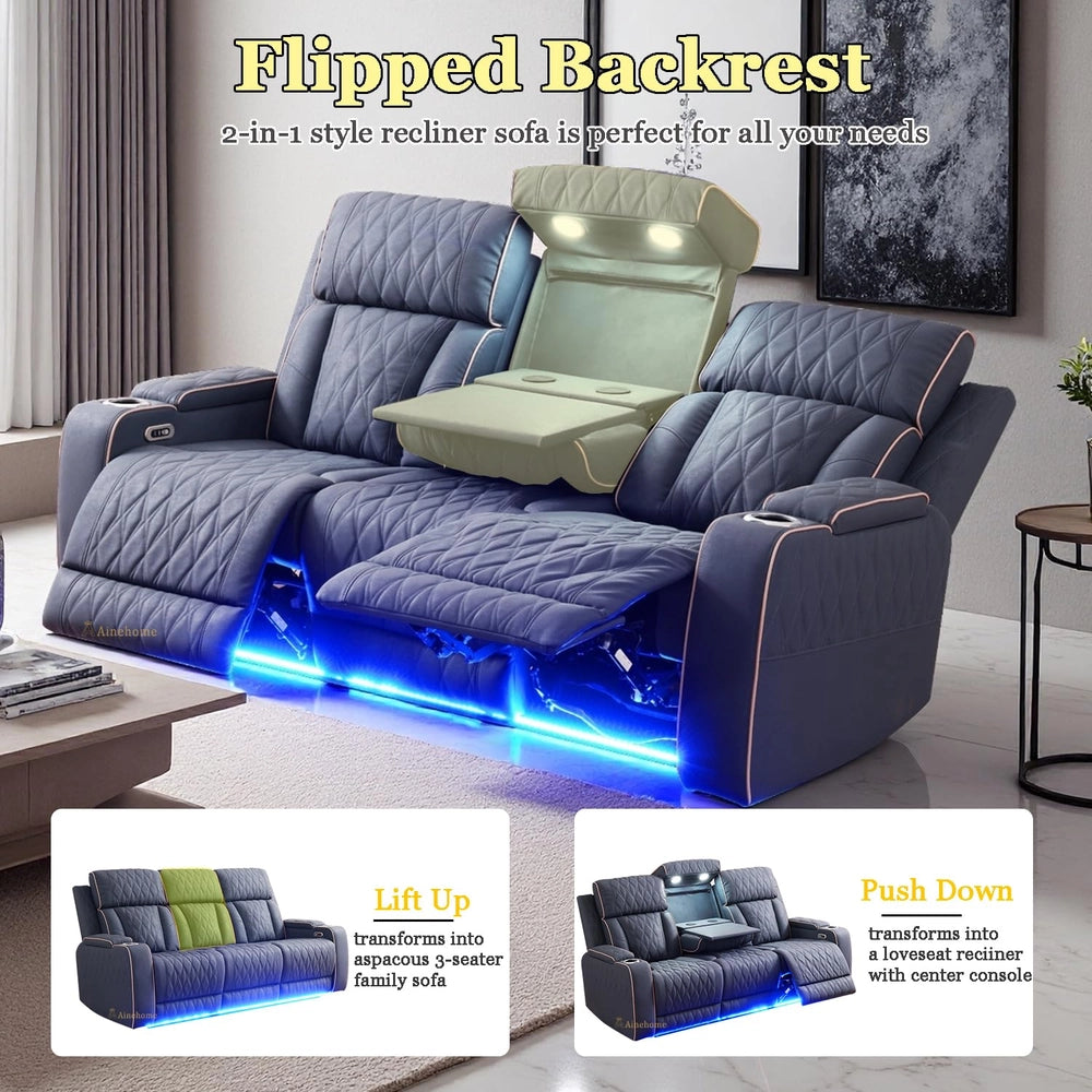 Ainehome Blue Gray Sanded Leather 5-Seater Power Reclining Sofa Set with Smart Features