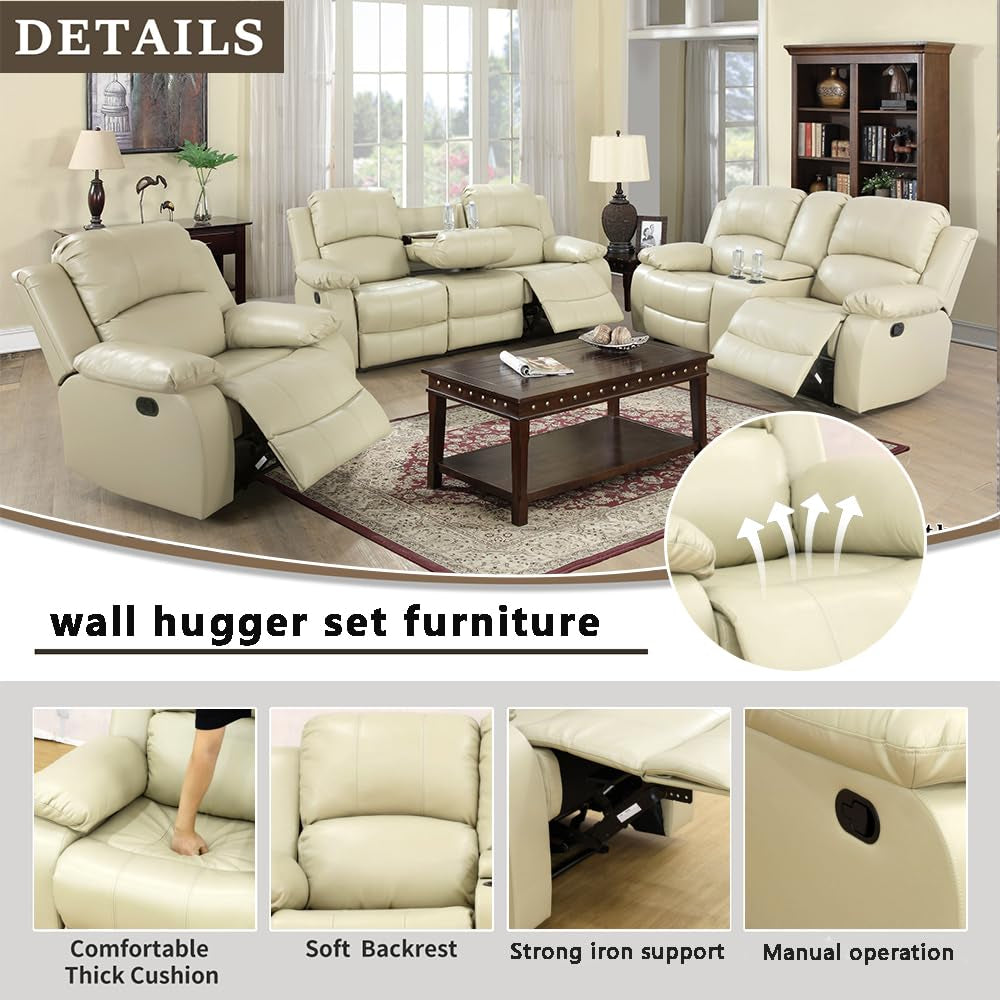 Ainehome Cinema 3-Piece Beige Faux Leather Manual Reclining Sofa Set