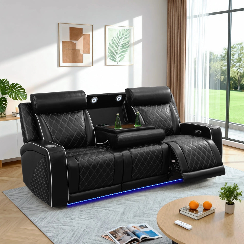 Black Leather 5-Seater Power Reclining Sofa Set with Reading Lights & Hidden Storage