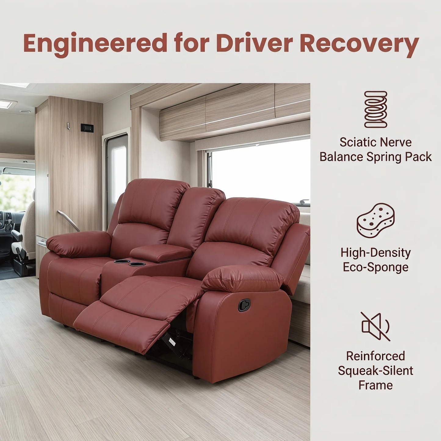 Ainehome 68" Manual RV Loveseat Recliner with Storage Console - Breathable Synthetic Leather Motorhome Sofa Replacement - 67" Full Extension & 26" Door Friendly - Walnut Brown