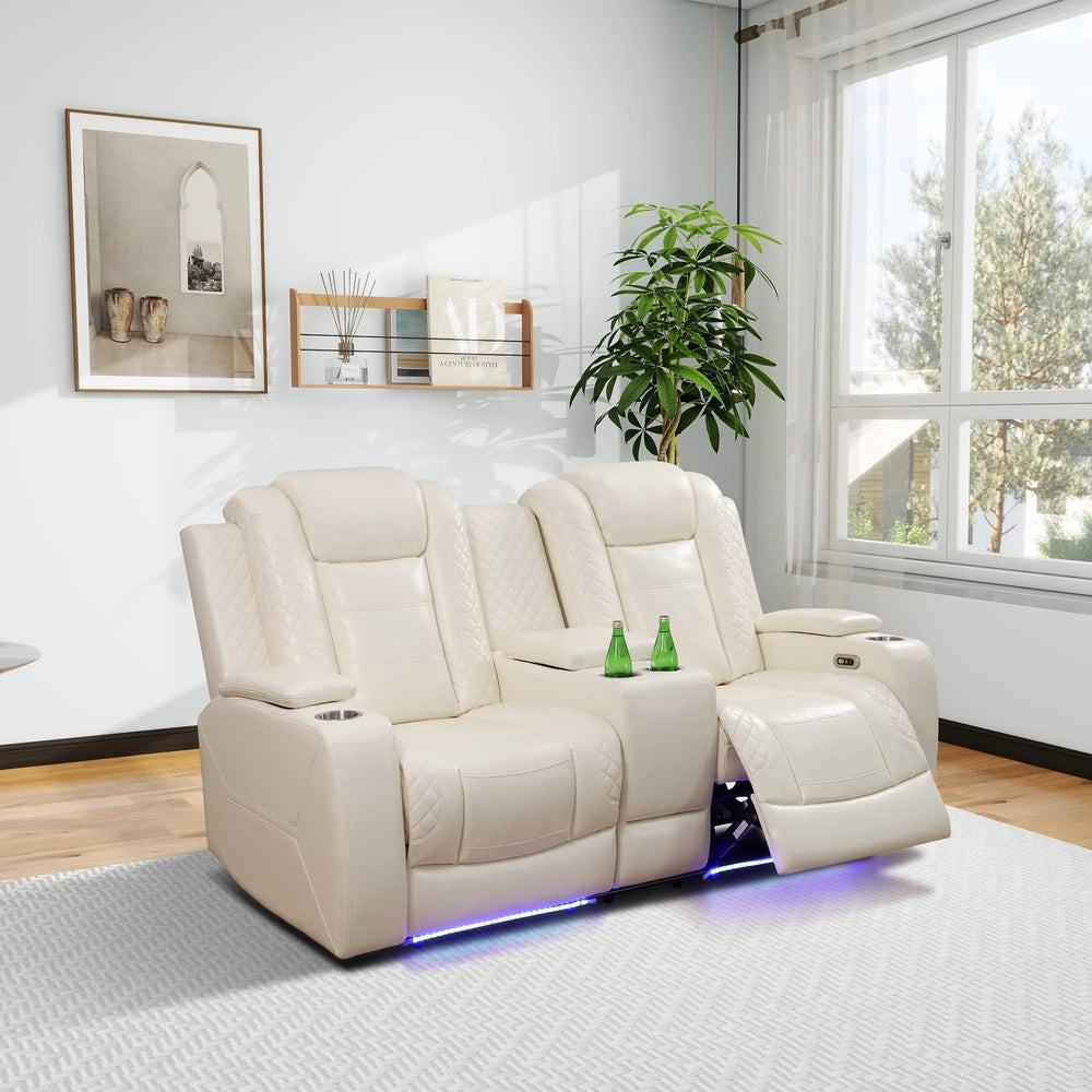 White Leather Power Reclining Sofa Set with Smart Consoles & 170° Recline