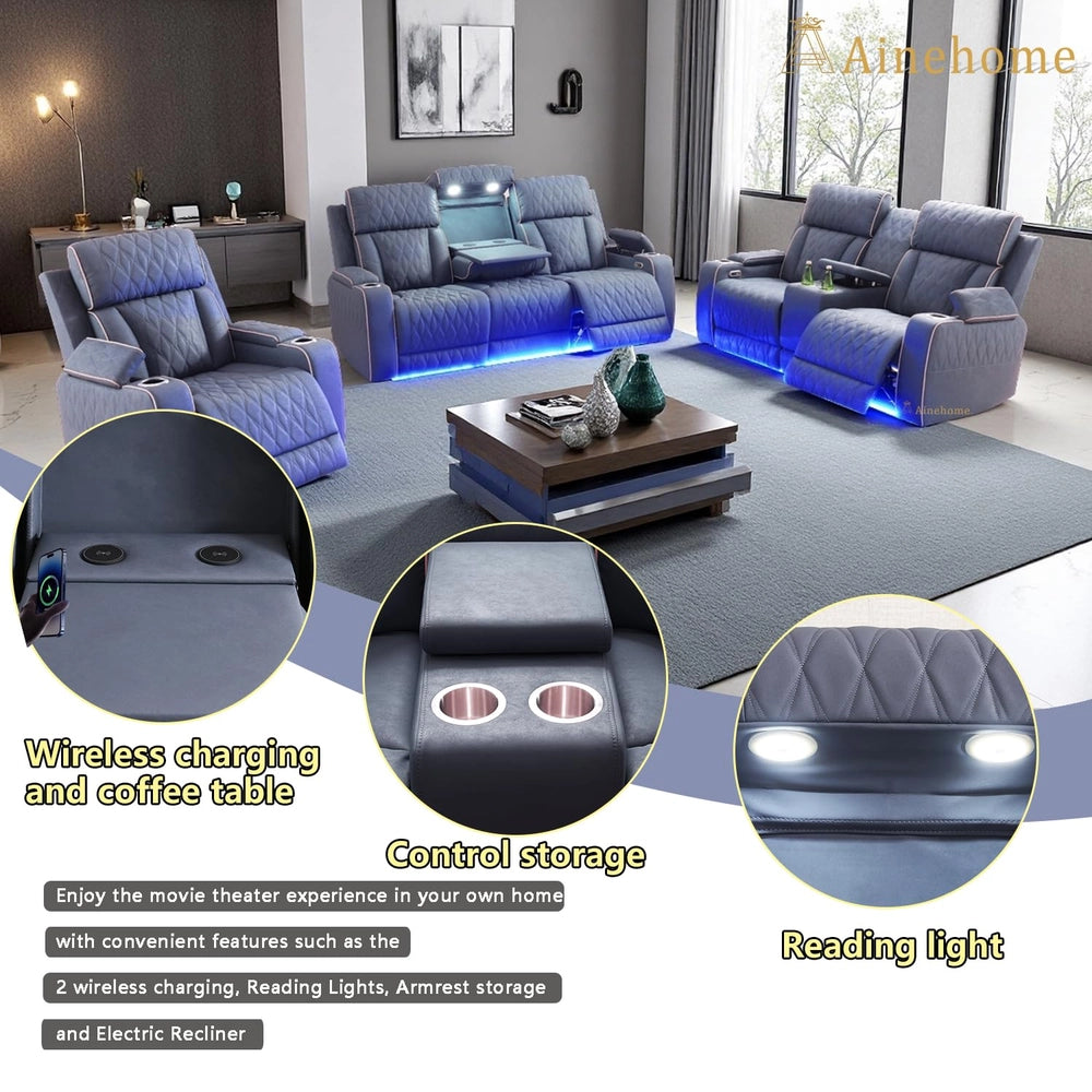 Ainehome Blue Gray Sanded Leather 5-Seater Power Reclining Sofa Set with Smart Features