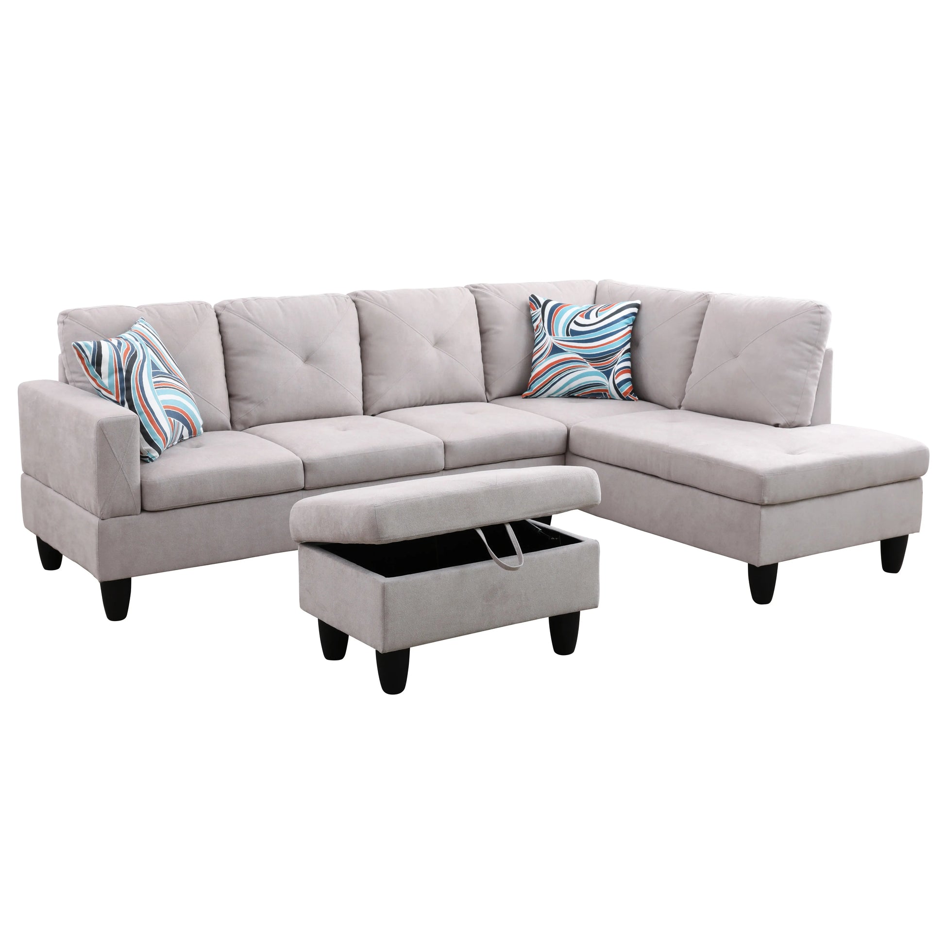 97" Wide Grey White Flannelette L-Shaped Living Room Sofa Set — image 4