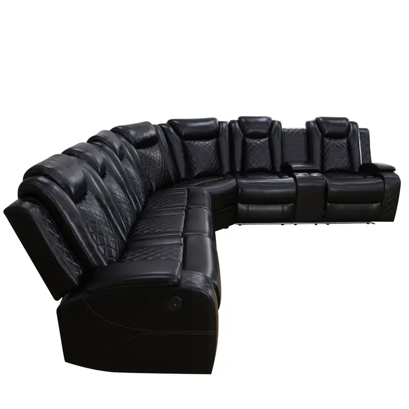 Ainehome Black Leather Power Reclining Sofa Set with Smart Storage & Wireless Charging