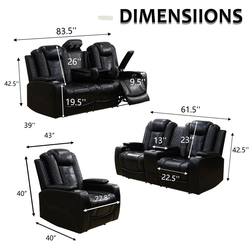 Black Leather Power Reclining Sectional Sofa with 170° Recline & Reading Lamp — Loveseat image 3