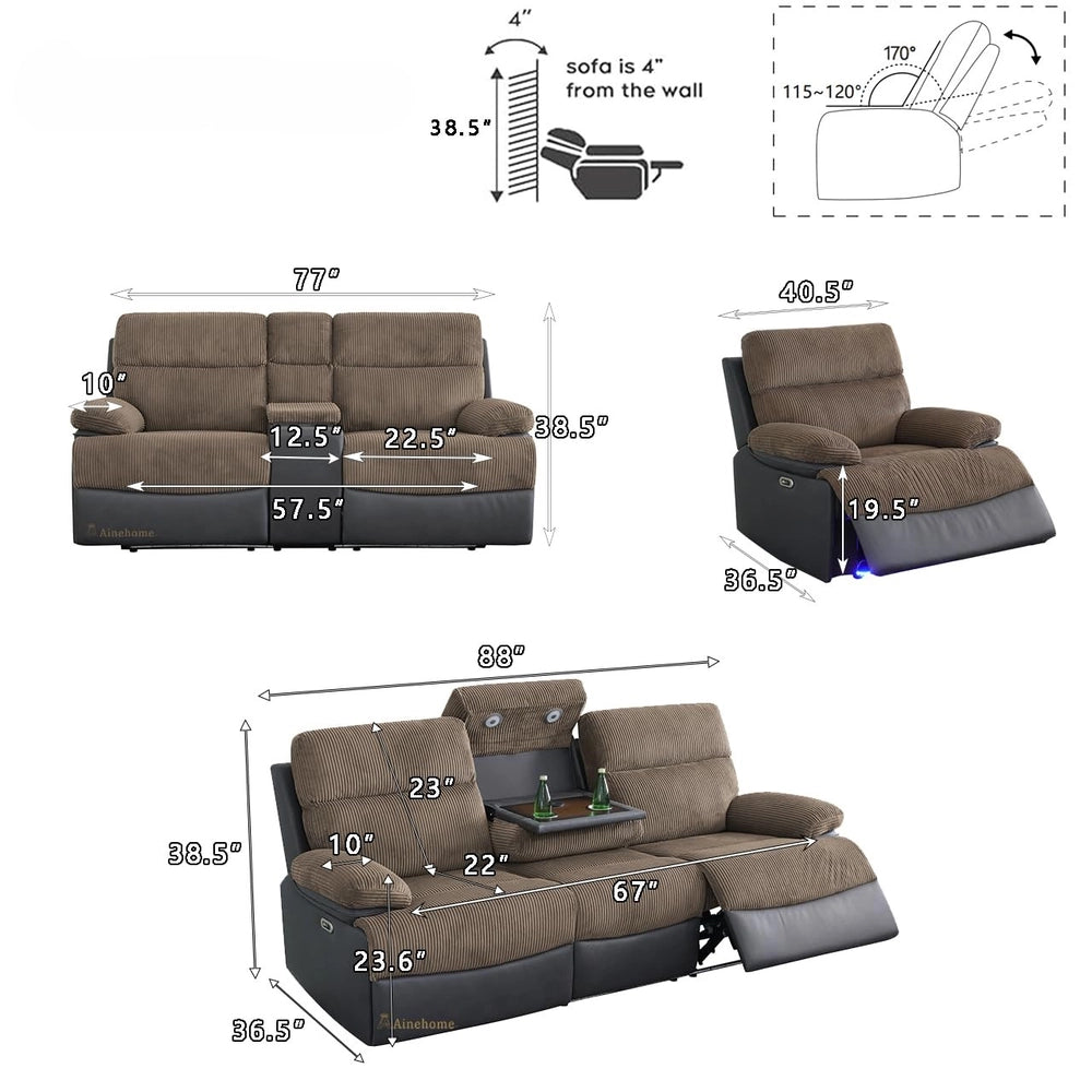 Brown Corduroy Power Reclining Sofa Set with LED Lights, USB Charging & Storage Console - 3 Piece Living Room Set