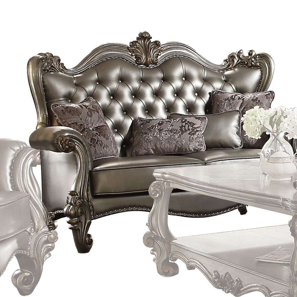 Versailles - Loveseat With 4 Pillows - Silver Synthetic Leather & Antique Platinum