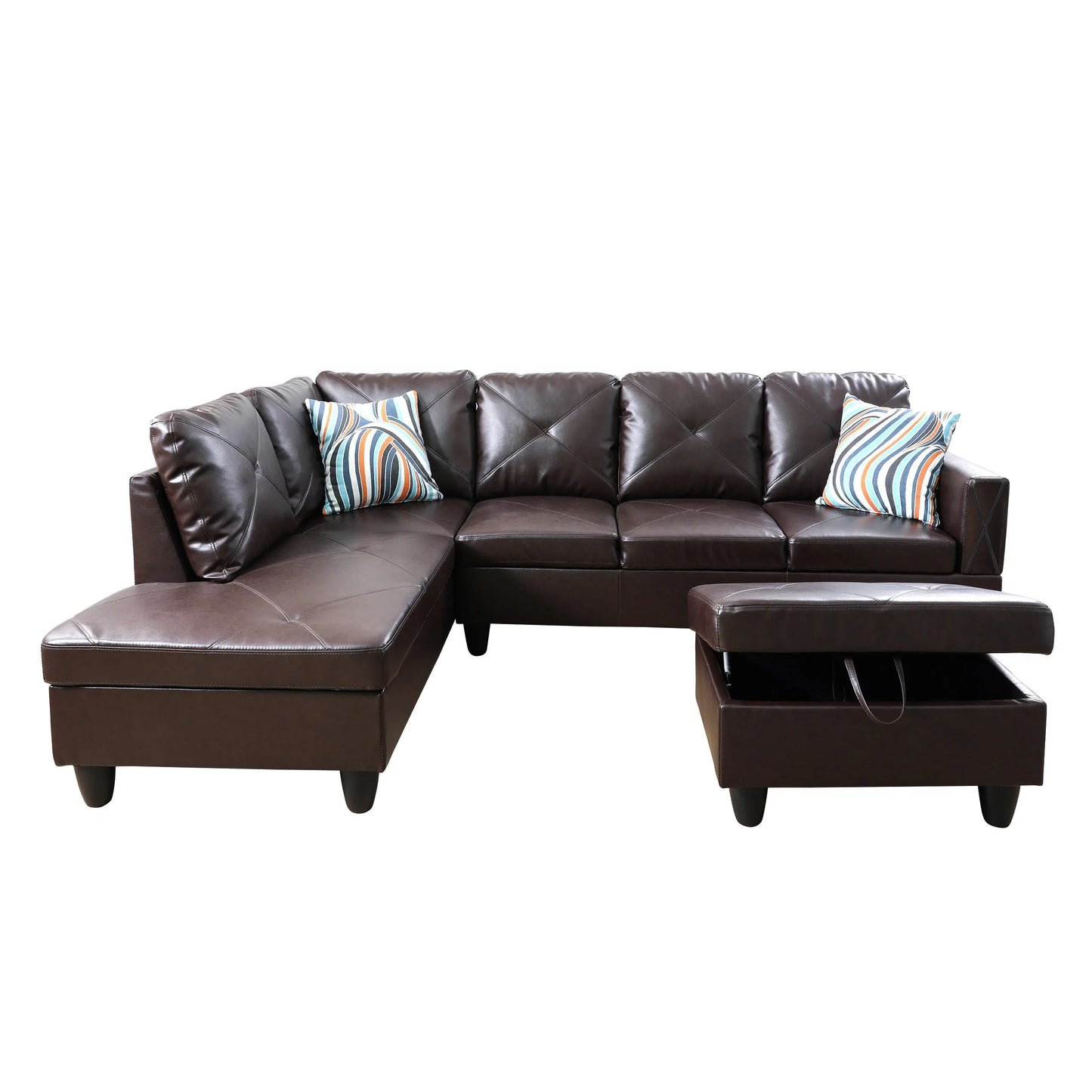 97" Wide Brown Faux Leather L-Shaped Living Room Sectional Sofa Set — image 4
